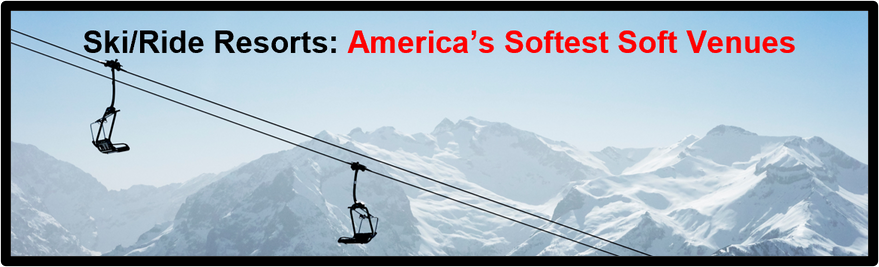 Image of a ski/ride chairlift in the foreground and majestic mountains in the background with a hazy blue sky and a statement concerning how ski/ride resorts are soft venues.