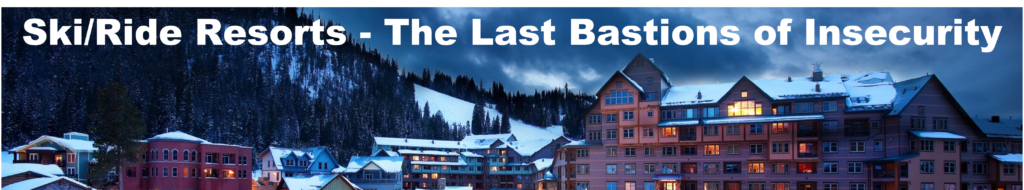 Image depicting a big ski/ride resort base area at dusk with a threatening sky.